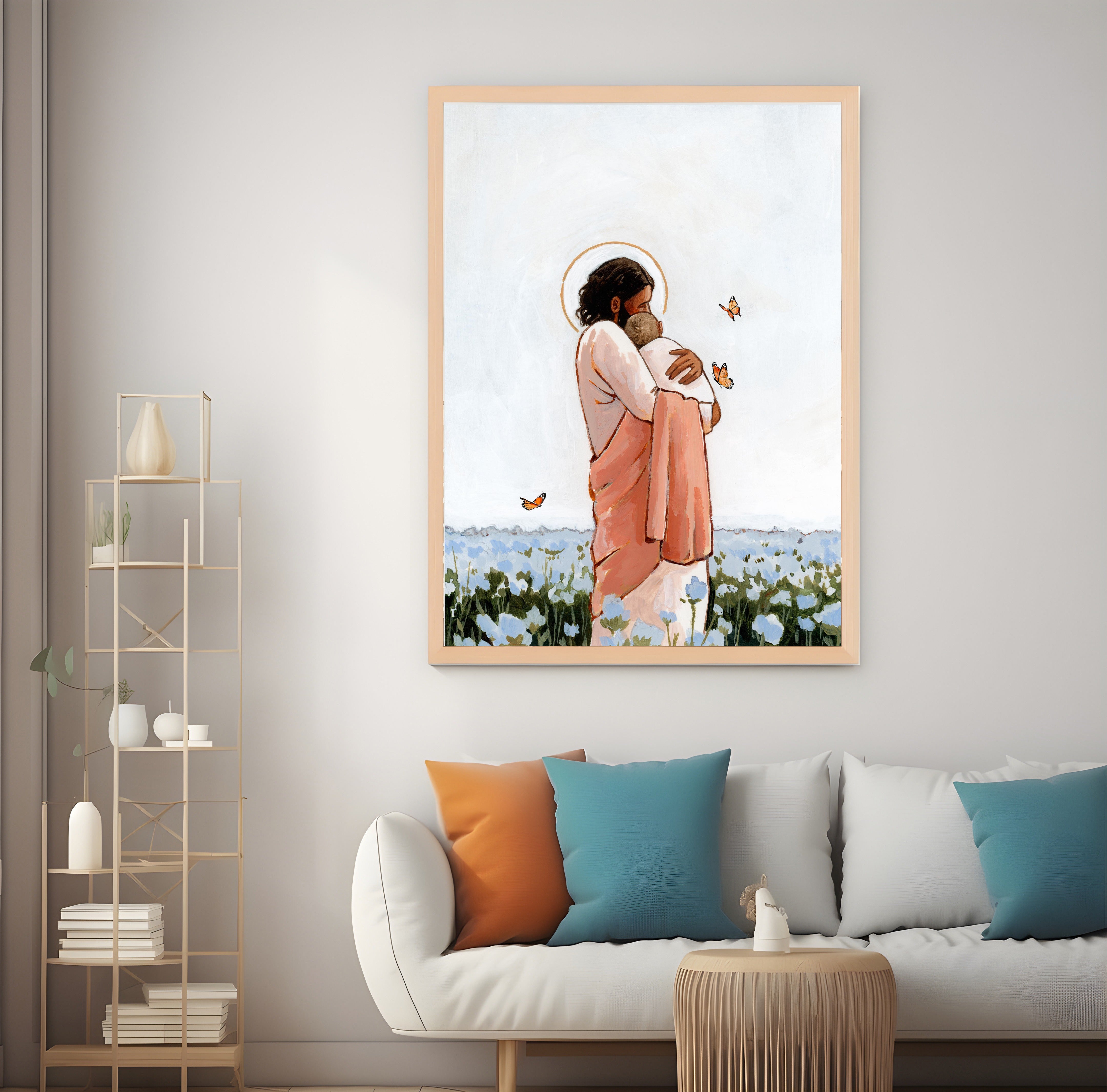 Among The Forget Me Nots Poster, Jesus Holding Angel Baby Print Art, Childloss Art, Miscarriage Art, Pregnancy & Infant Loss Artwork, Jesus With Baby